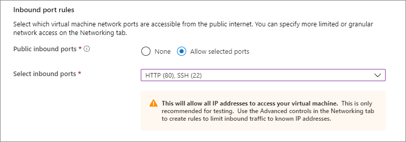 Captura de tela da seção de regras de porta de entrada onde você seleciona quais portas as conexões de entrada são permitidas em