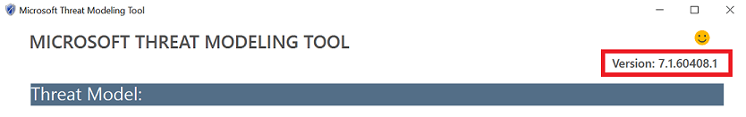 Captura de ecrã a mostrar o Microsoft Threat Modeling Tool com o número da versão do cliente.
