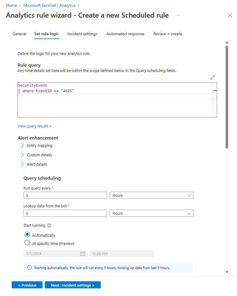 Captura de ecrã do separador lógica da primeira metade do conjunto de regras no assistente de regras de análise no portal do Azure.