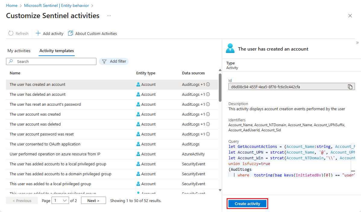 Captura de ecrã da lista de modelos de atividade no portal do Azure.