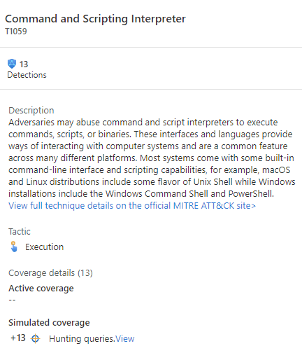 A captura de tela mostra a visualização do cartão MITRE ATT&CK com o link Hunting queries view.