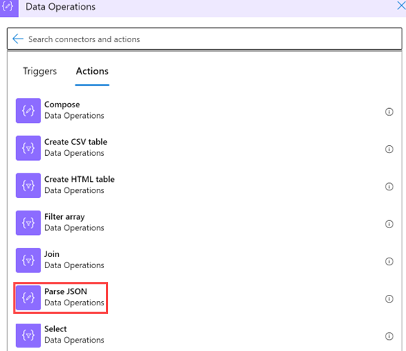 Captura de tela mostrando a seleção da opção Analisar JSON em Operações de Dados.