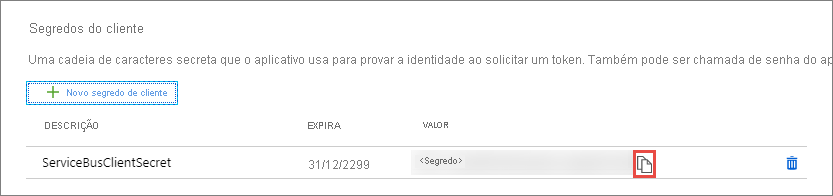 Captura de ecrã a mostrar a secção Segredos do cliente com o segredo que adicionou.