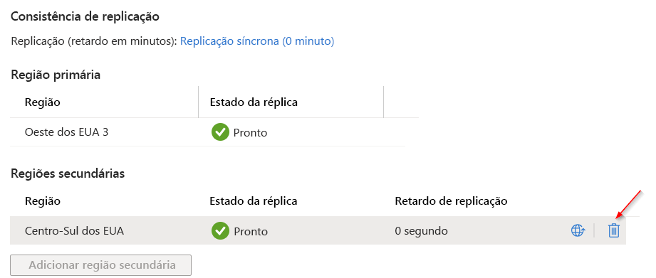 Captura de ecrã a mostrar como eliminar uma região secundária.