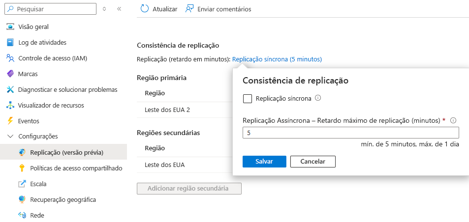 Captura de tela mostrando como atualizar a configuração do recurso de replicação geográfica.
