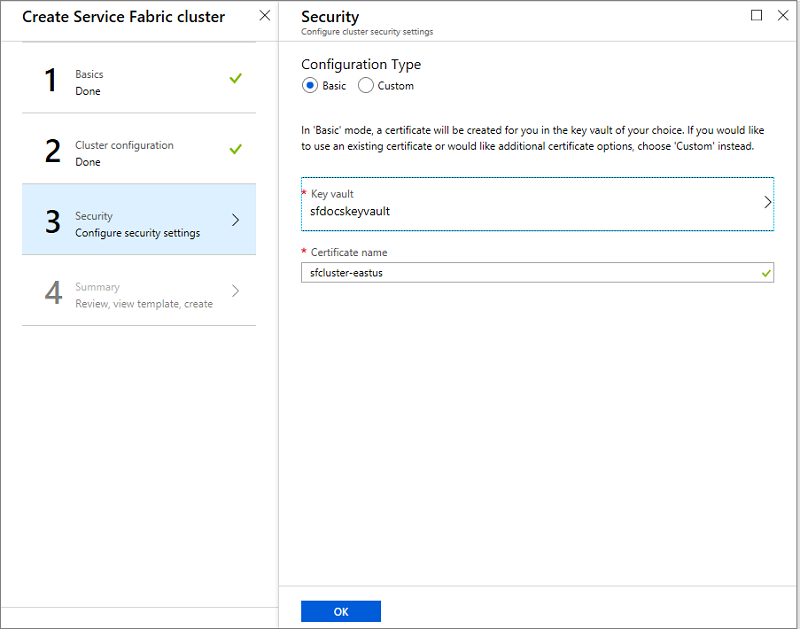 A captura de tela mostra o painel Criar cluster do Service Fabric com Segurança selecionada como antes, mas sem a explicação de que o cofre de chaves não está habilitado.