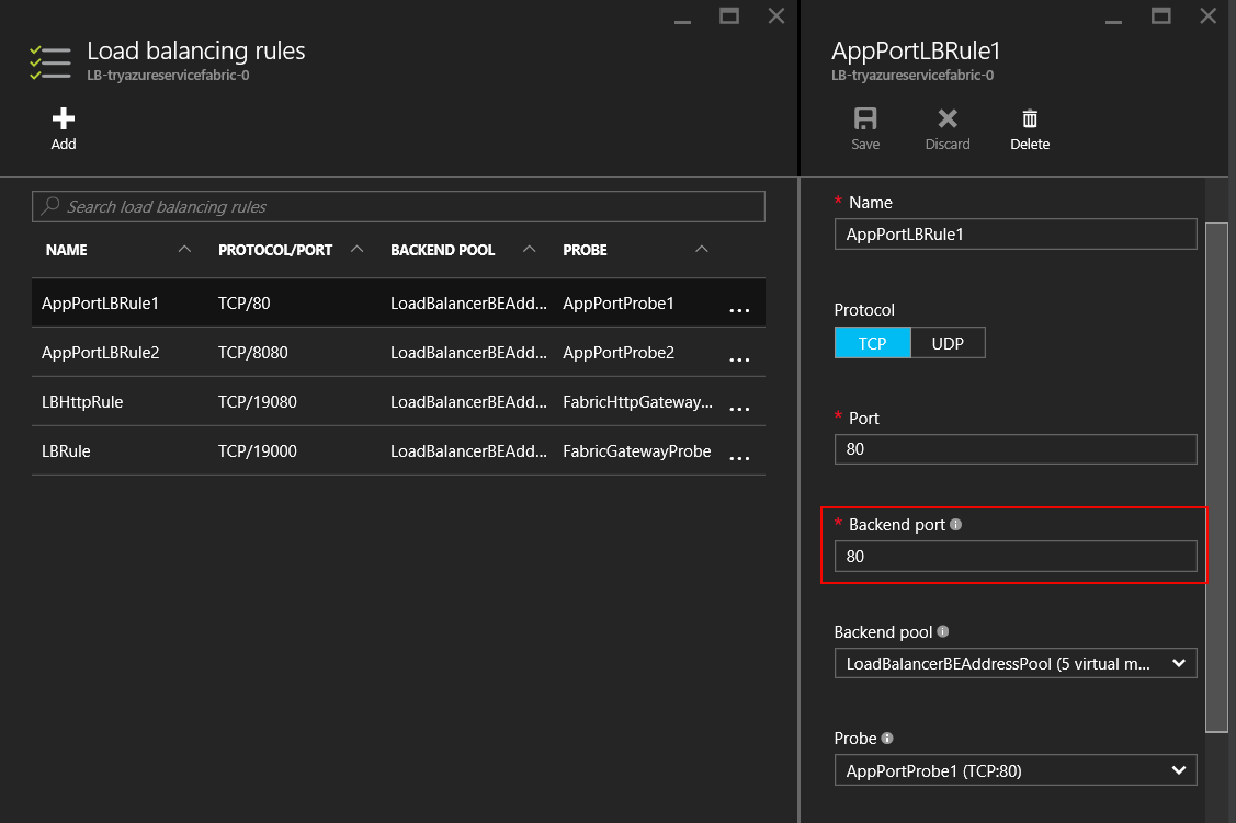 Captura de tela que destaca o campo Porta de back-end em Regras de balanceamento de carga.