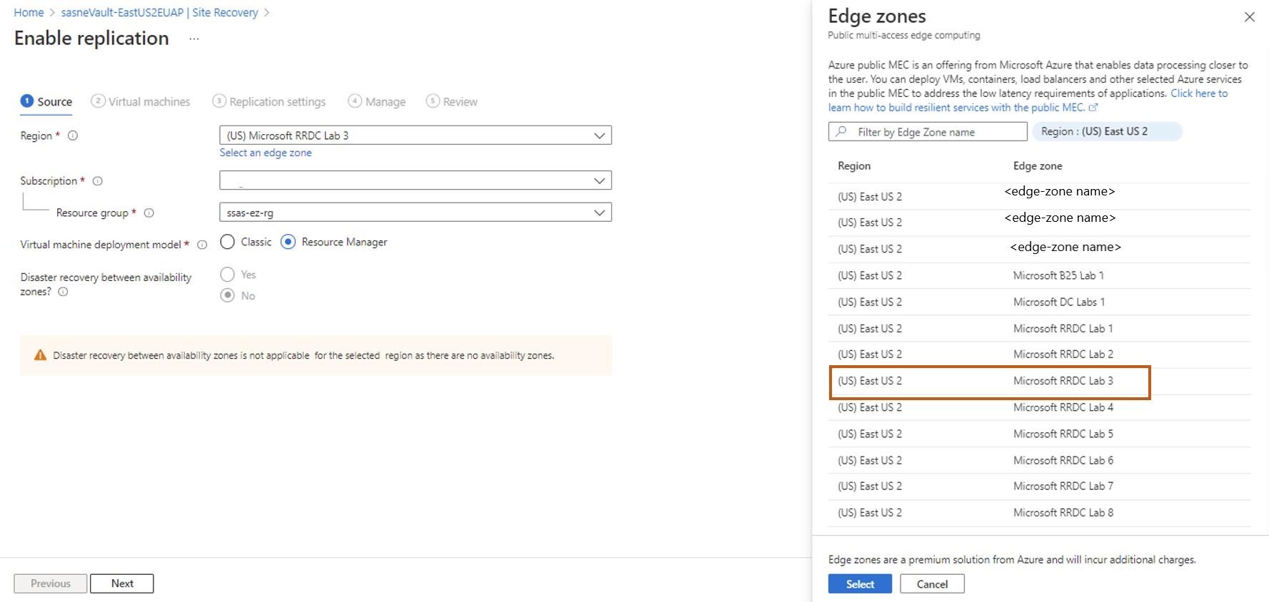 Captura de ecrã do separador Ativar replicação adicionando região.