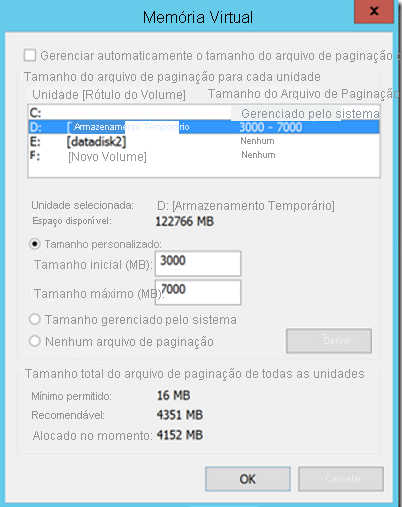 Definições de ficheiro de paginação na máquina virtual do Azure