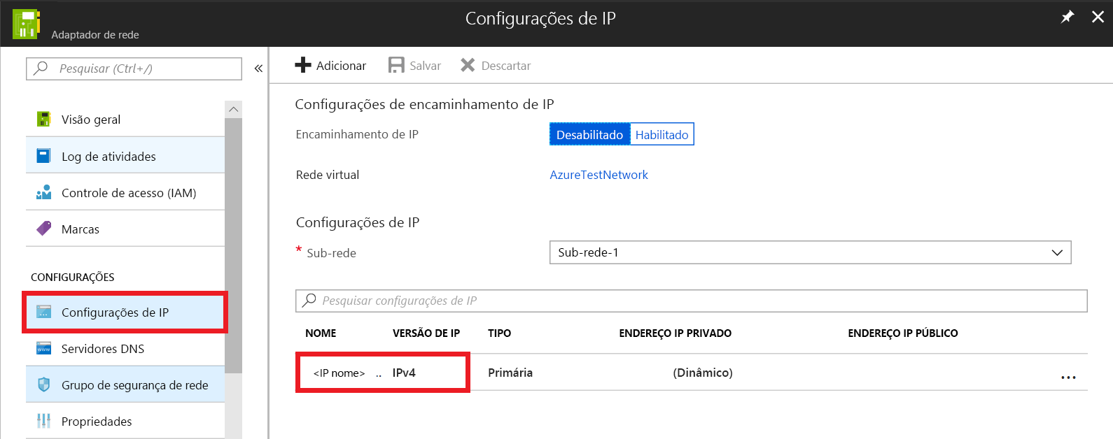 A captura de tela mostra a página de configurações de I P para a interface de rede com o nome de configuração de I P selecionado.