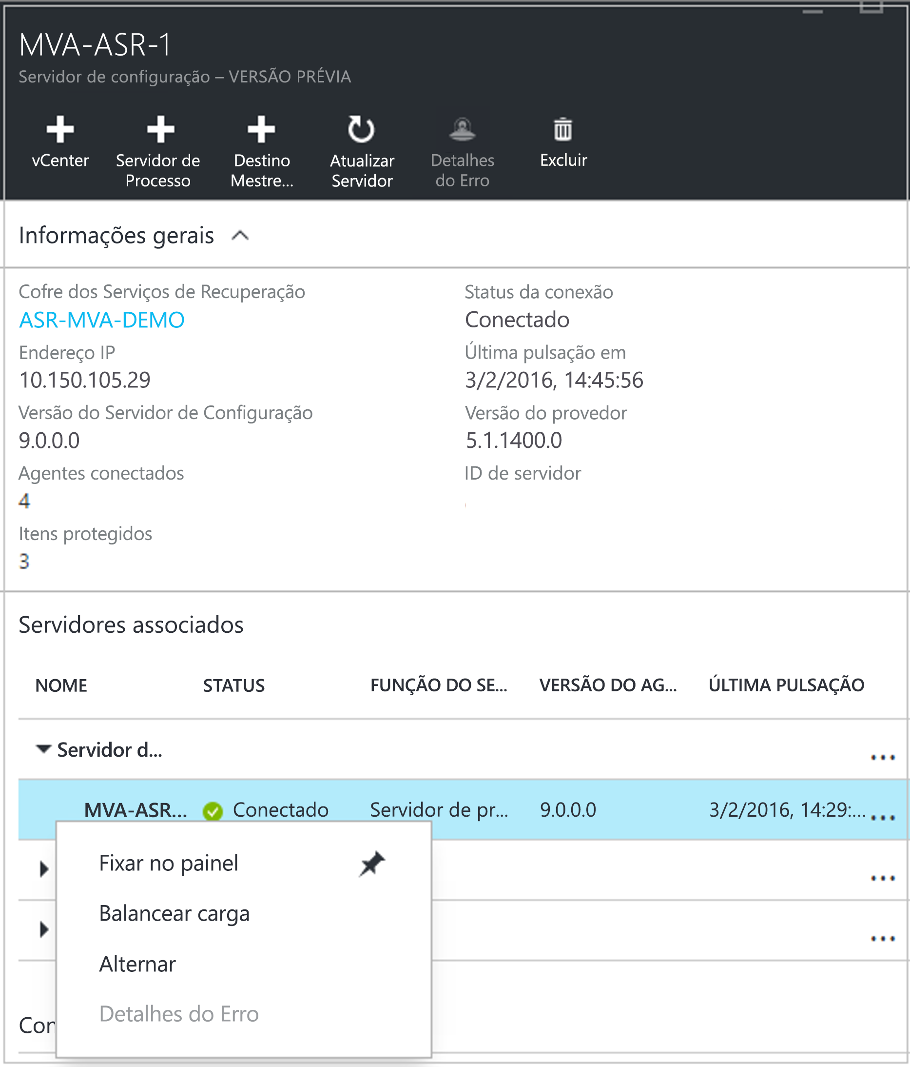 Captura de ecrã da caixa de diálogo Servidor de configuração