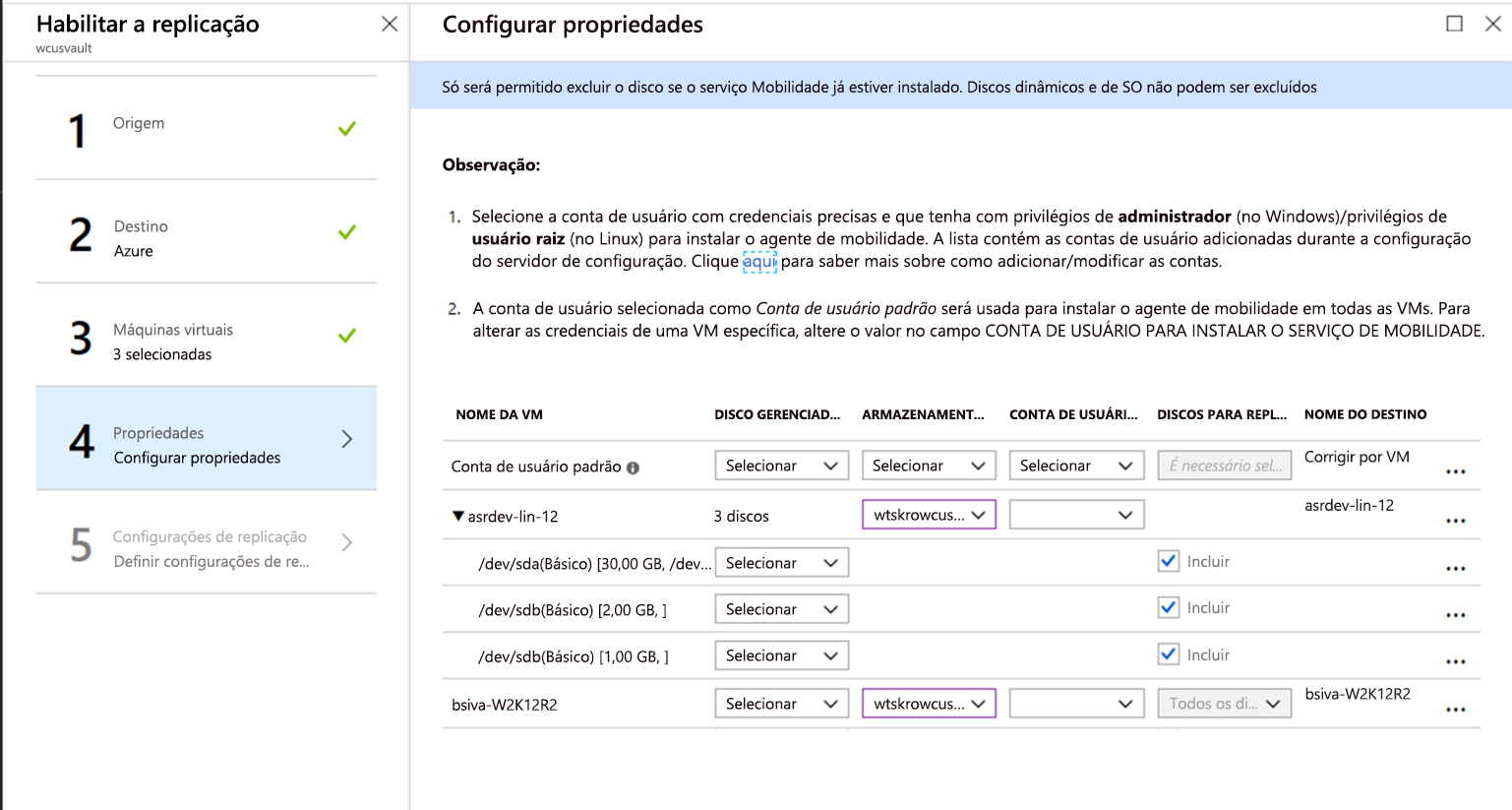 Janela Ativar propriedades de configuração de replicação