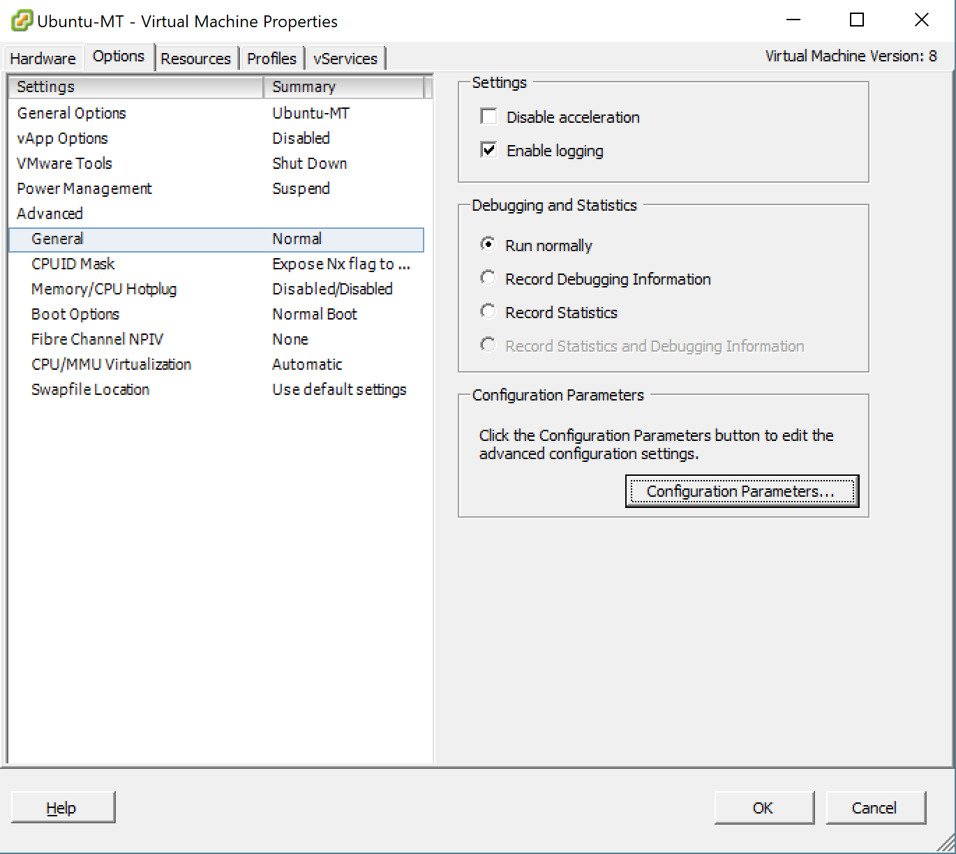 Parâmetro de configuração aberto