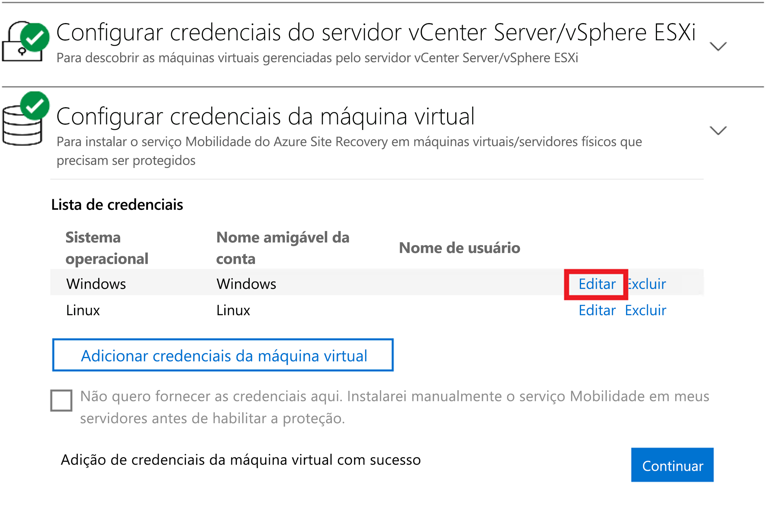 Modificar credenciais do Serviço de Mobilidade