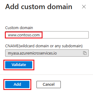 Captura de ecrã da caixa de diálogo Adicionar domínio personalizado do portal do Azure.