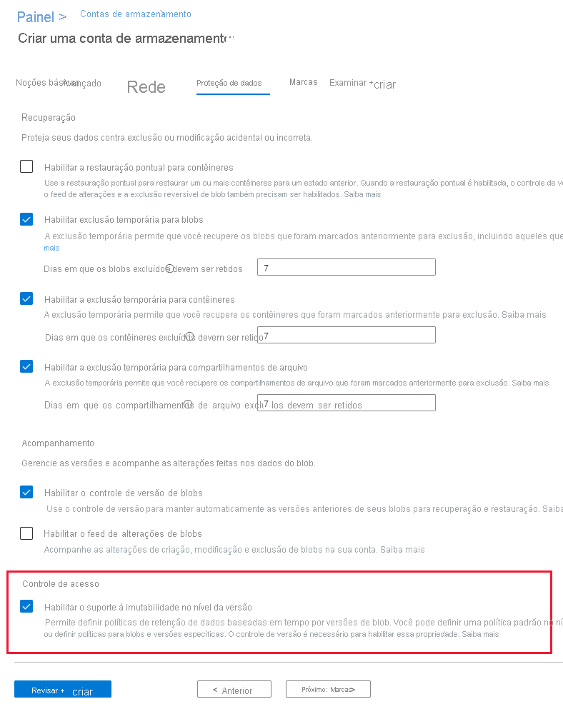 Captura de ecrã a mostrar como criar uma conta de armazenamento com suporte de imutabilidade ao nível da versão