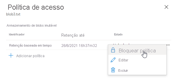 Captura de ecrã a mostrar como bloquear uma política de retenção baseada no tempo no portal do Azure