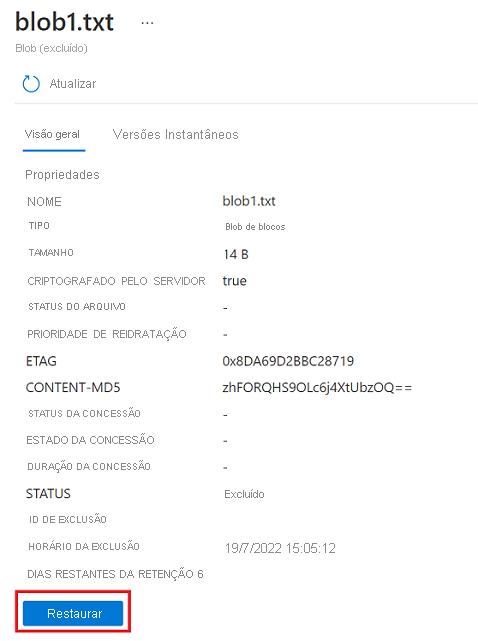 Captura de tela mostrando como restaurar um blob excluído suavemente no portal do Azure