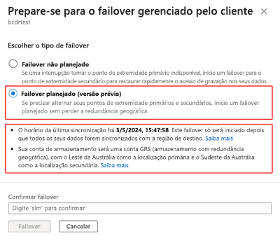 Captura de tela mostrando a opção de failover planejado selecionada na janela Preparar para failover.