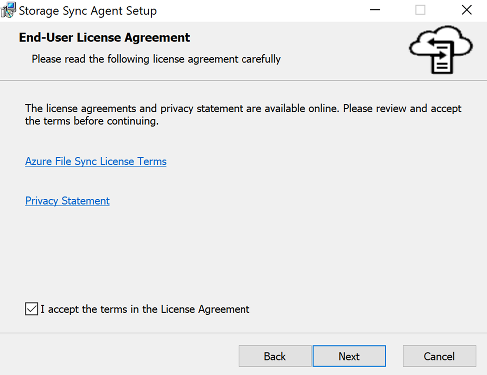 Captura de ecrã da Aceitação do Contrato de Contrato de Licença do Assistente de Configuração do File Sync Agent.