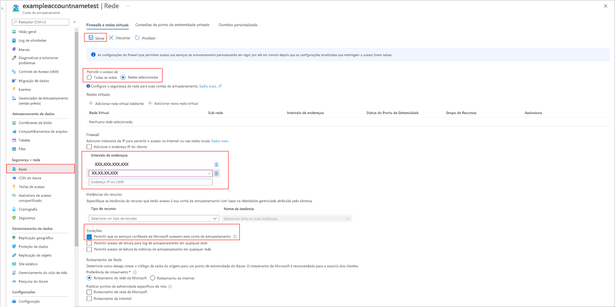 Definindo configurações de firewall e rede virtual para funcionar com a sincronização de arquivos do Azure