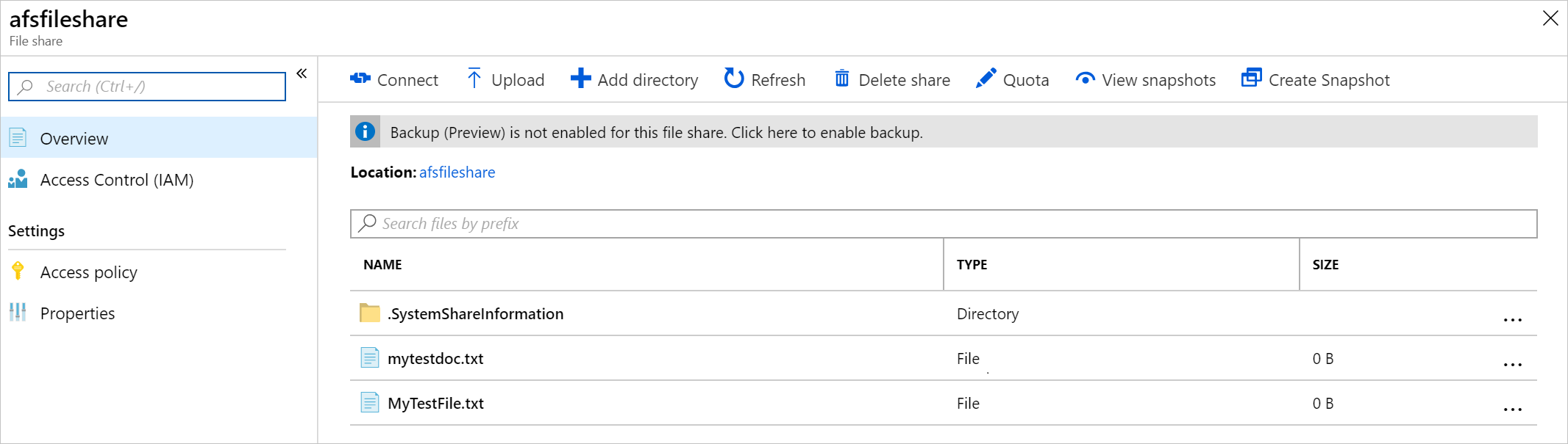 Captura de ecrã a mostrar ficheiros sincronizados com êxito com uma partilha de ficheiros do Azure.