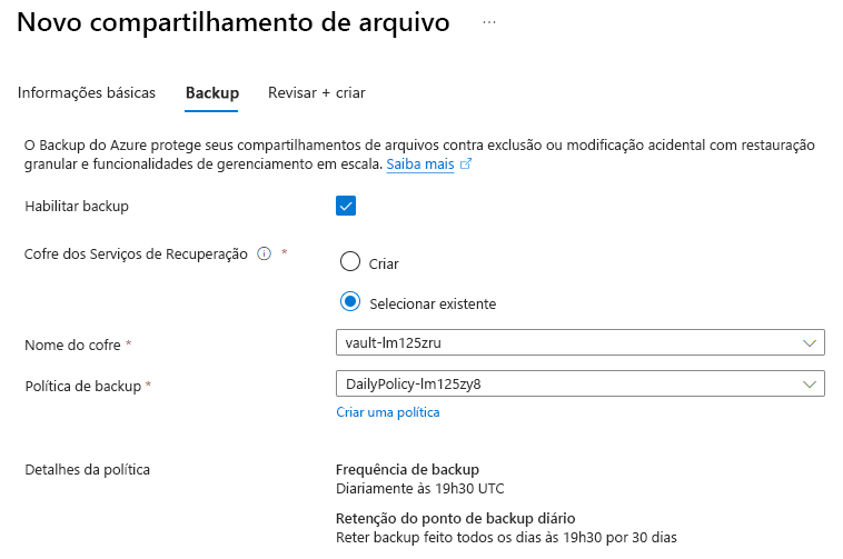 Captura de ecrã a mostrar como ativar ou desativar a cópia de segurança da partilha de ficheiros.