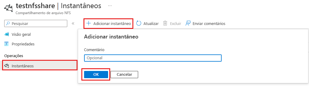 Captura de ecrã a mostrar a adição de um instantâneo de partilha de ficheiros.