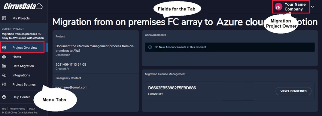 Captura de tela do Portal C M C com as guias de menu, campos para a guia e o proprietário do projeto de migração chamado.