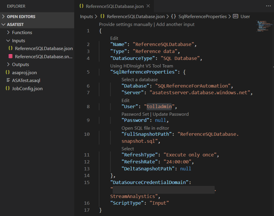 Um editor de código do Visual Studio (guia) mostra ReferenceSQLDatabase.json.