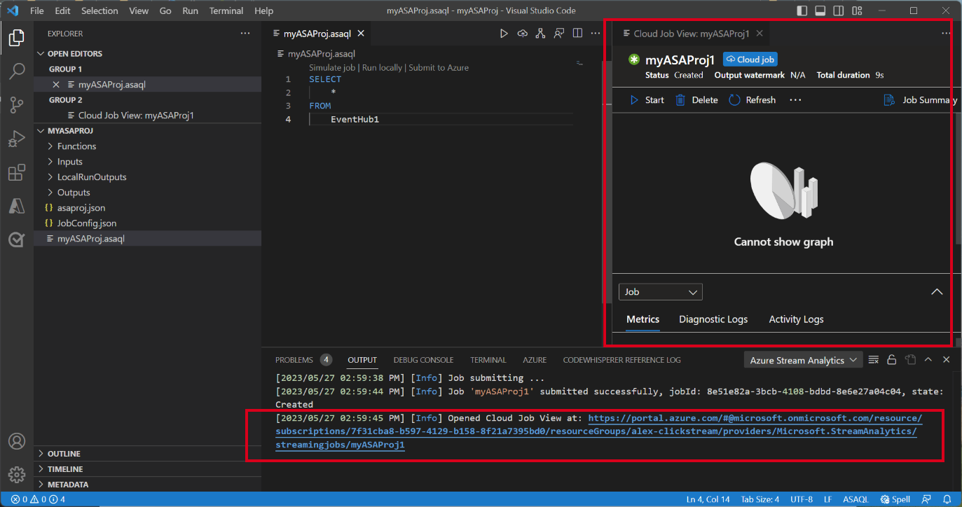 Captura de ecrã a mostrar a extensão do VSCode a mostrar a tarefa de vista da cloud.