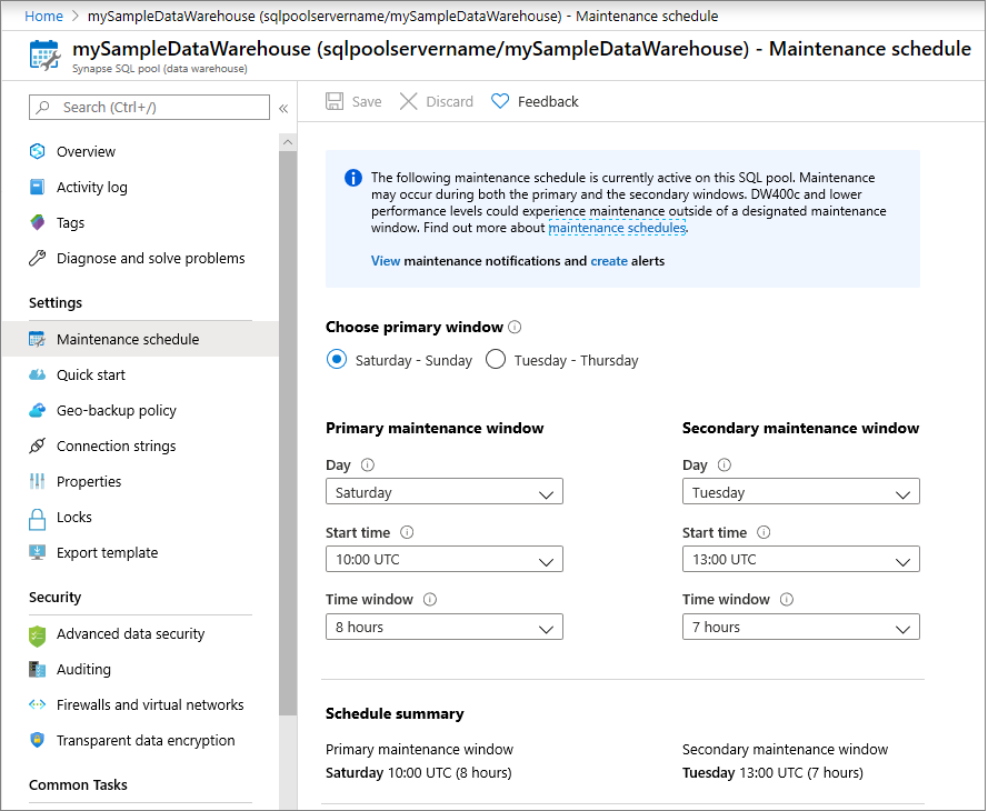 Lâmina de configurações de manutenção