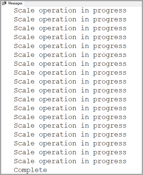 Uma captura de tela do SQL Server Management Studio mostrando a saída da consulta para monitorar o status da operação do pool SQL dedicado. Uma série de linhas 'Dimensionar operação em andamento' é exibida, terminando com uma linha que diz 'Concluído'.