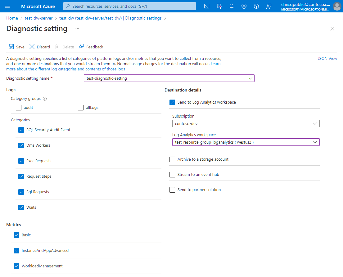 Captura de tela da página para especificar quais logs coletar no portal do Azure.