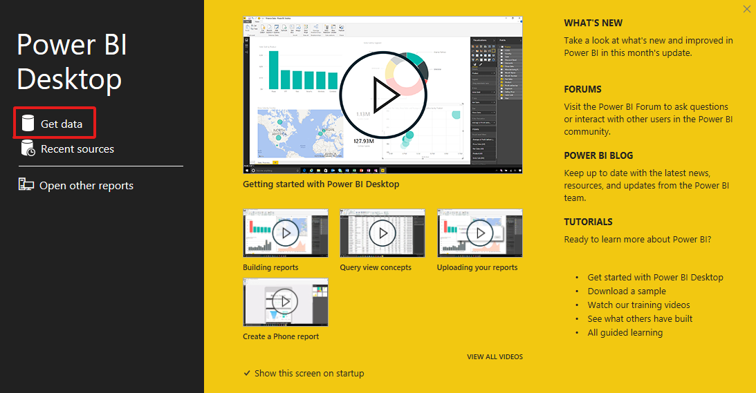 Abra a aplicação de ambiente de trabalho do Power BI e selecione Obter dados.