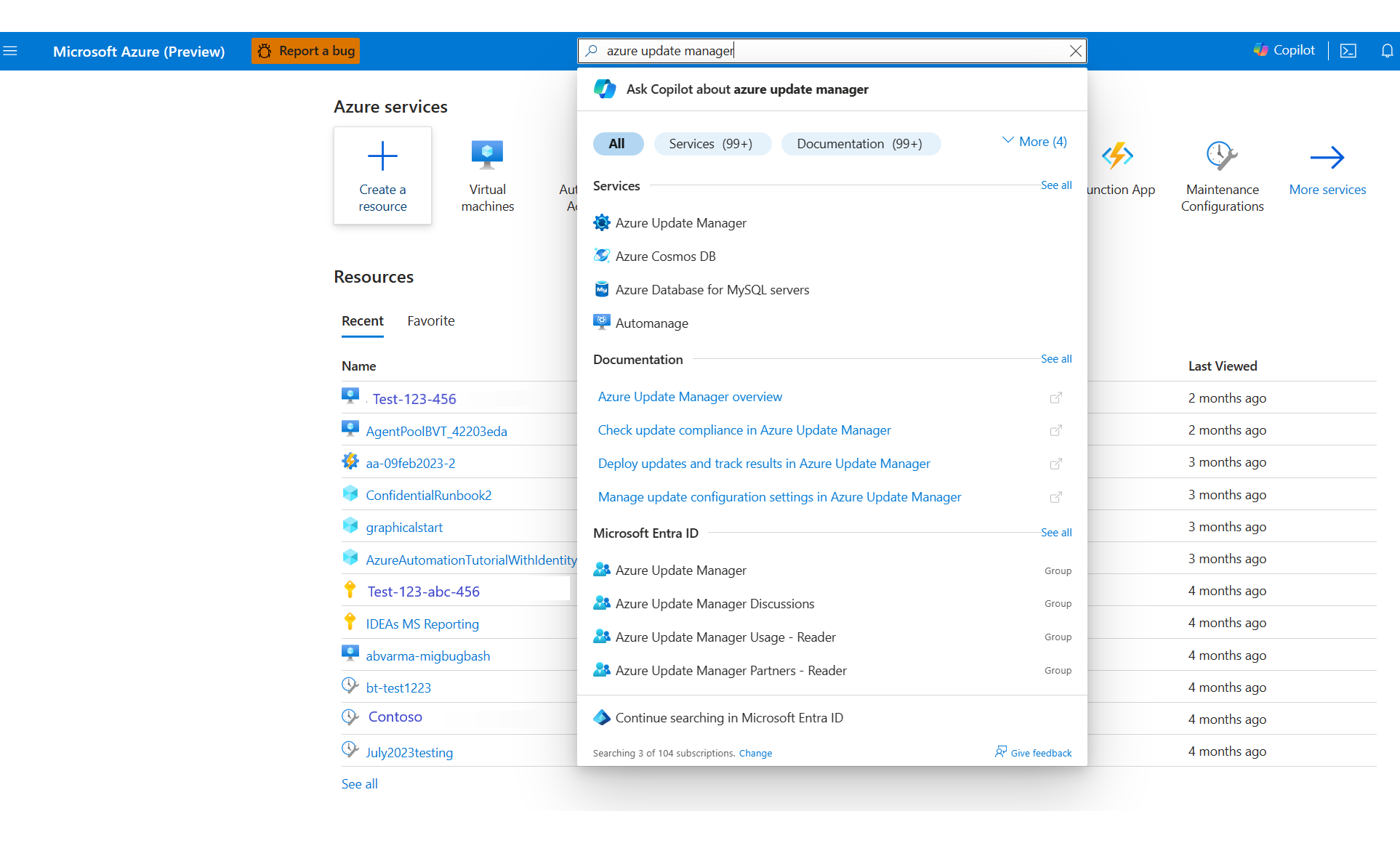 Captura de ecrã a mostrar a seleção do Azure Update Manager a partir do portal do Azure.