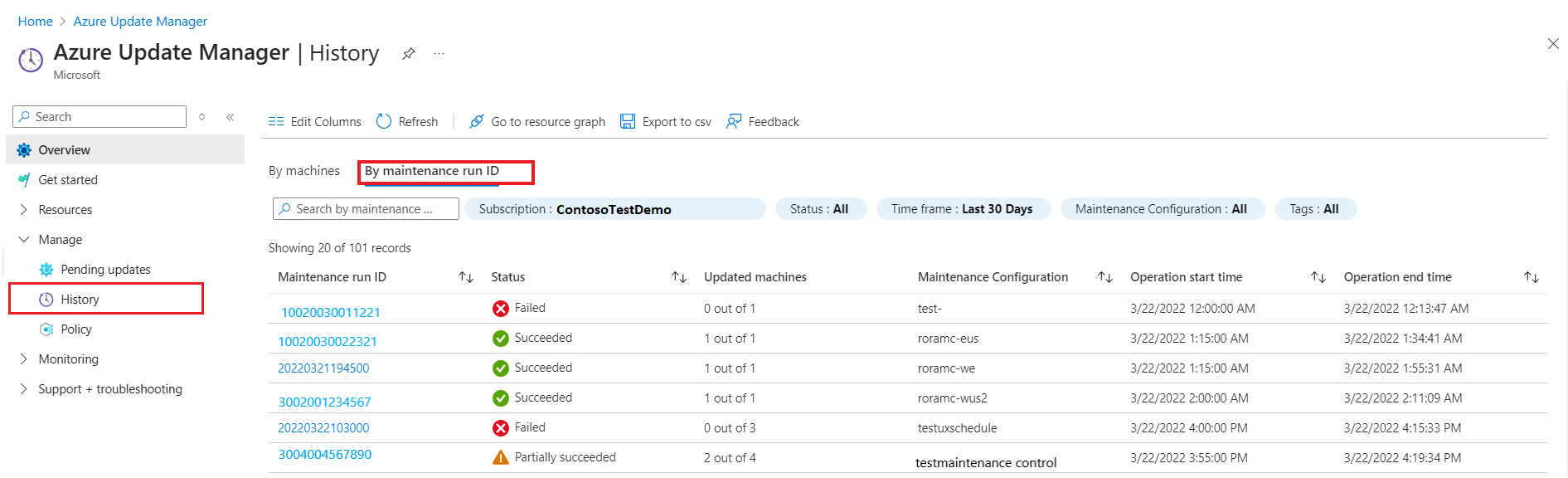 Captura de ecrã que mostra a página Histórico do centro de atualizações Por ID de execução de manutenção no portal do Azure.