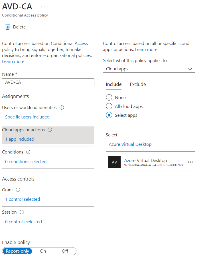 Uma captura de ecrã da página de ações ou aplicações da Nuvem de Acesso Condicional. O aplicativo de Área de Trabalho Virtual do Azure é mostrado.