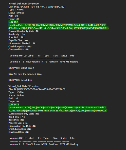 Captura de tela que mostra um exemplo de como os discos NVMe aparecem em uma VM do Windows habilitada para NVMe.