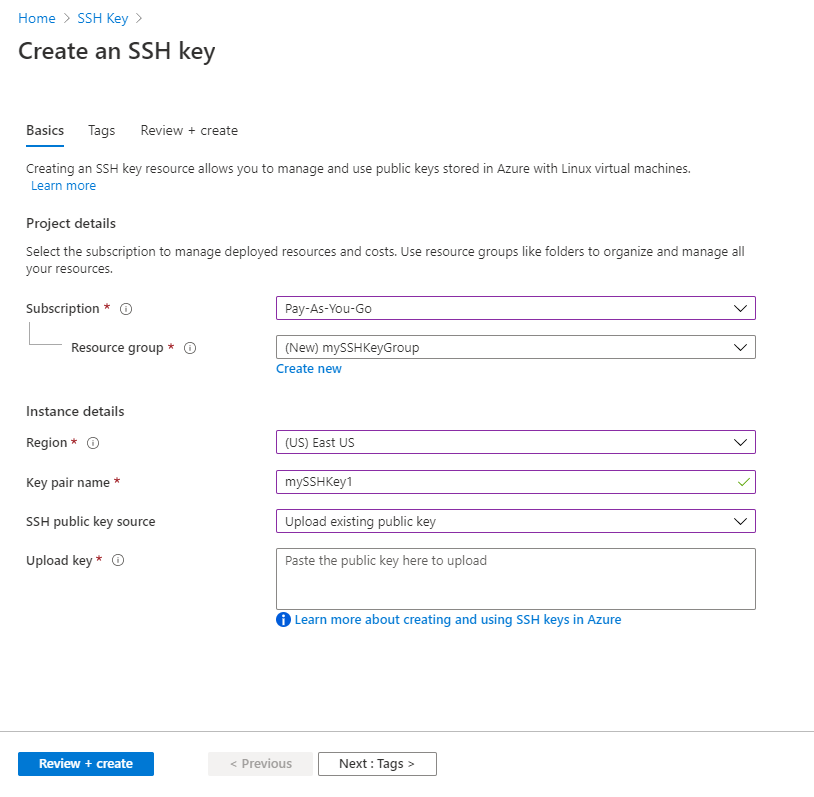 Carregar uma chave pública SSH para ser armazenada no Azure