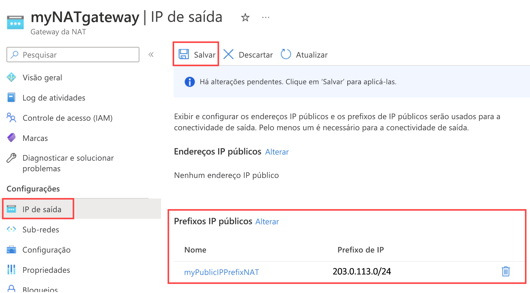 Captura de ecrã da página de configuração de IP de Saída do NAT Gateway a mostrar o novo prefixo ip público.