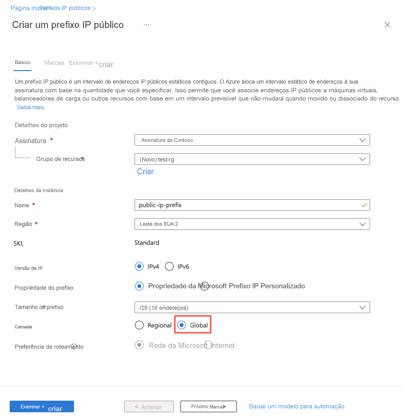 Captura de ecrã a mostrar o prefixo criar um endereço IP público com o escalão global no portal do Azure.