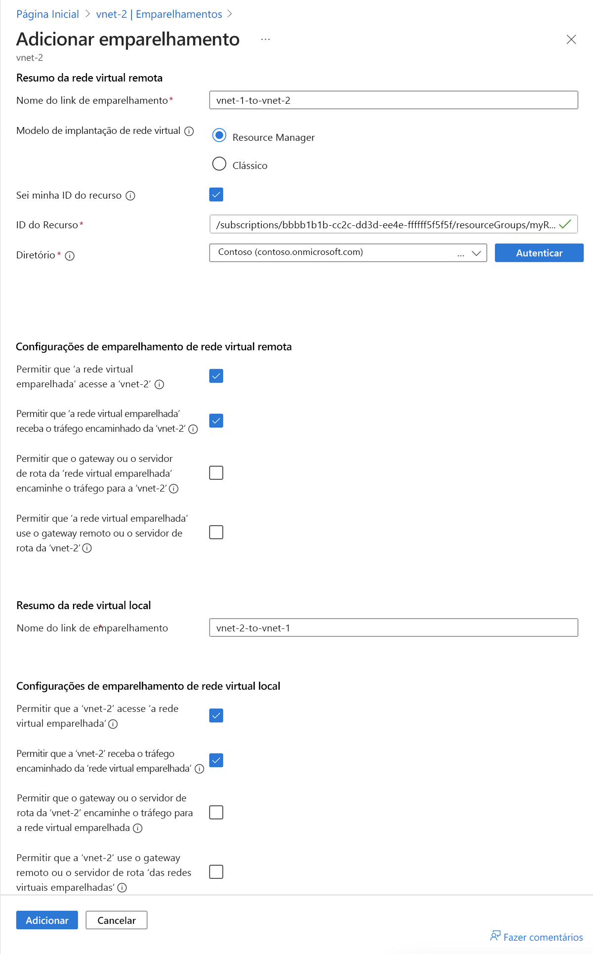 Captura de tela do emparelhamento de vnet-2 para vnet-1.