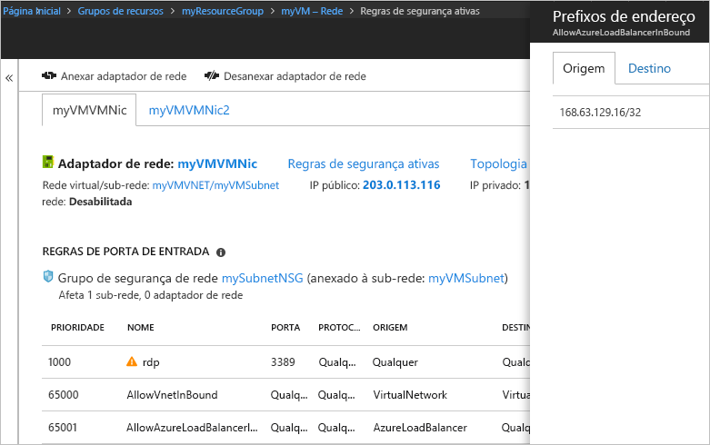 A captura de tela mostra os prefixos de endereço para AllowAzureLoadBalancerInbound inseridos.