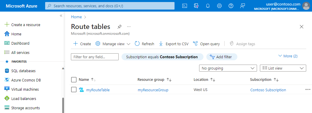 Captura de ecrã da lista de tabelas de rotas na subscrição do Azure.