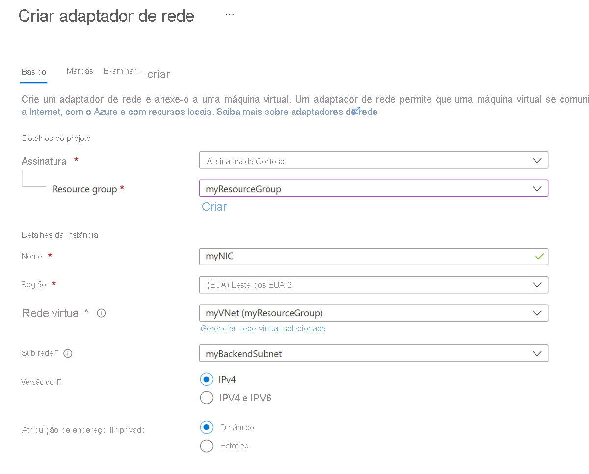 Captura de ecrã do ecrã Criar interface de rede no portal do Azure.