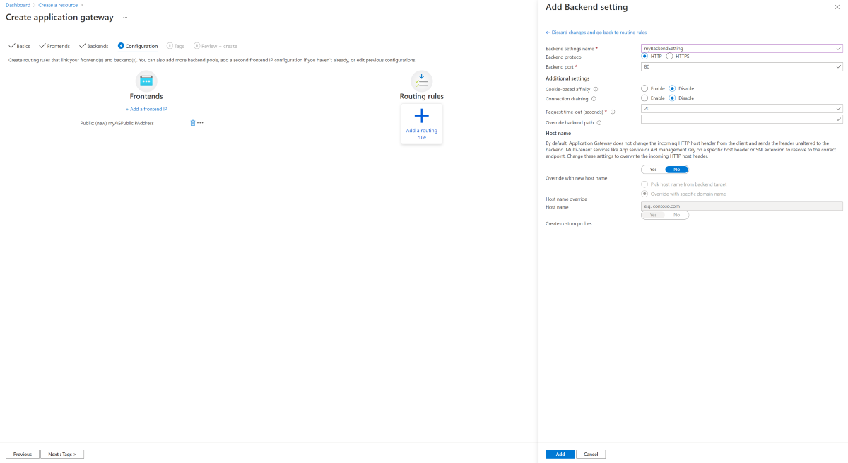 Captura de tela mostrando Criar novo gateway de aplicativo, configuração de back-end.