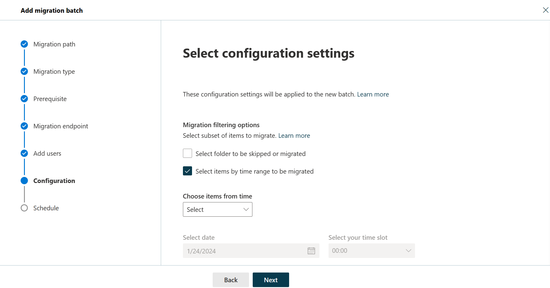 Captura de ecrã do sexto passo do assistente Adicionar lote de migração a mostrar as opções de filtragem.