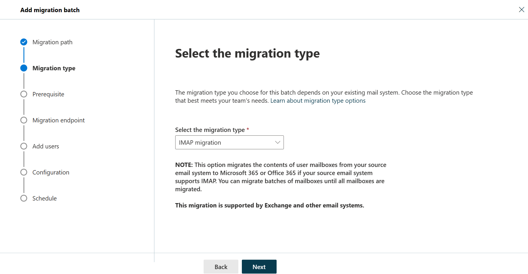 Captura de ecrã do segundo passo do assistente do lote de migração com o tipo de migração selecionado como migração IMAP.