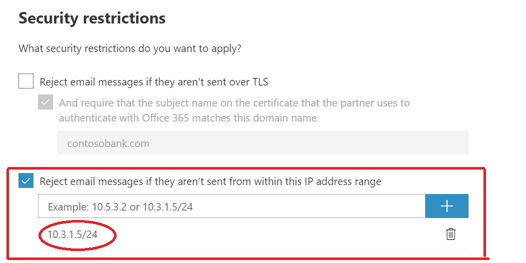 Captura de tela que mostra a tela na qual o intervalo de endereços IP da sua organização parceira é definido